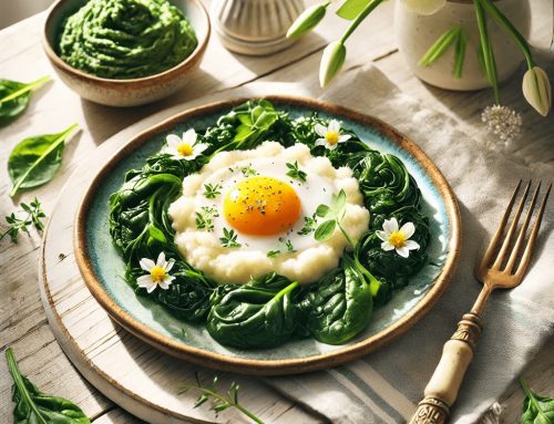 Шпинат с картофельным пюре и яичницей
